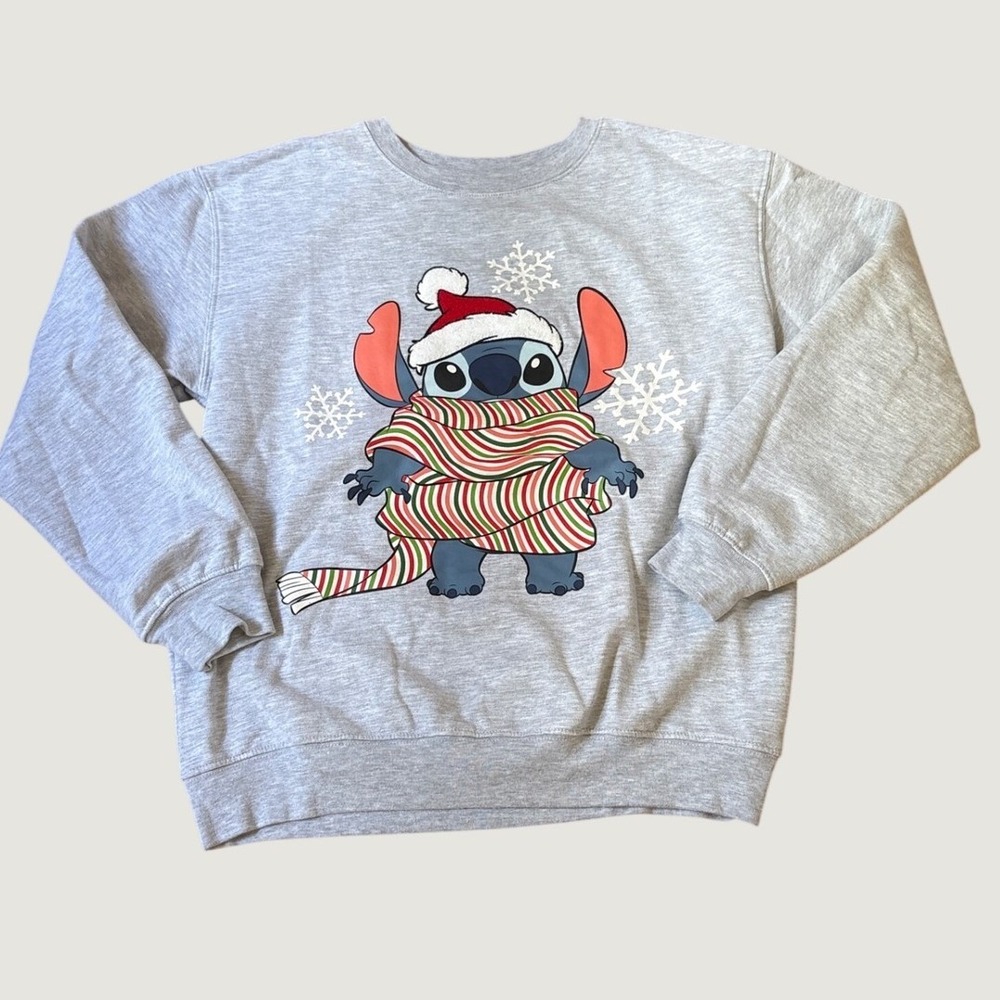 Disney Stitch Sweatshirt Women Gray Christmas Holiday Graphic Fleece SIZE L